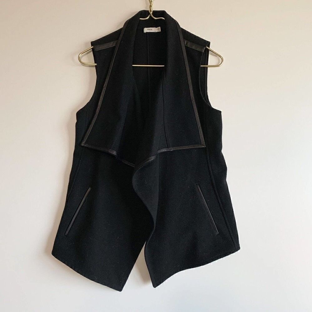 Vince Felted wool Cascading Drape Vest Lamb Leather Trim & Pockets